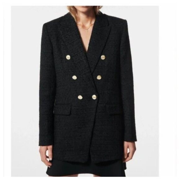 Zara Jackets & Blazers - Zara Double Breasted Boucle Blazer with Gold Buttons  BLACK Size XL